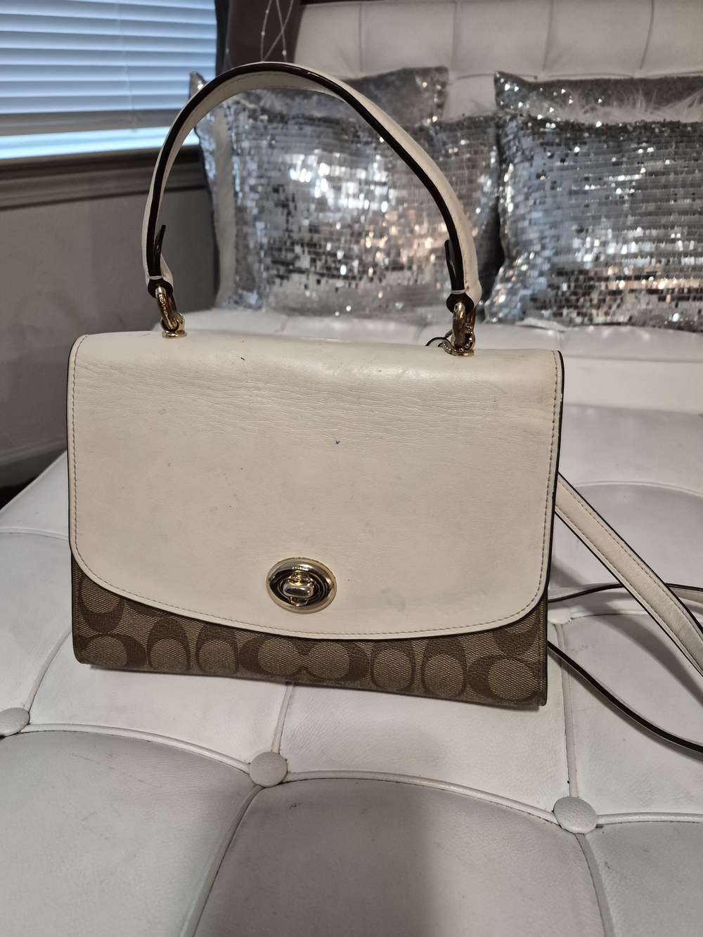 Coach Signature Canvas and White Leather Top-Handle Bag